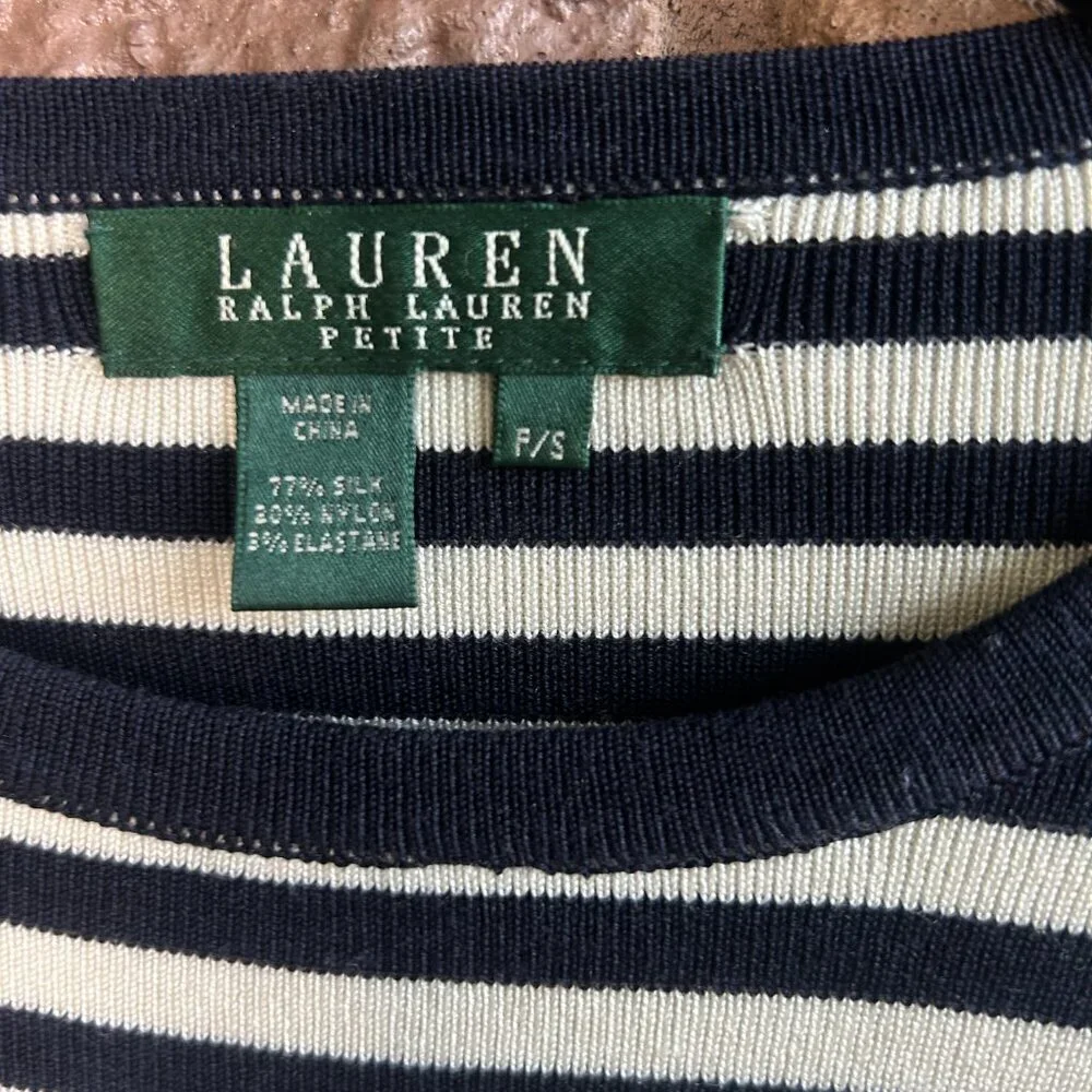 Lauren Ralph Lauren Navy Blue White Nautical Stripe Silk Blend Sweater Small P